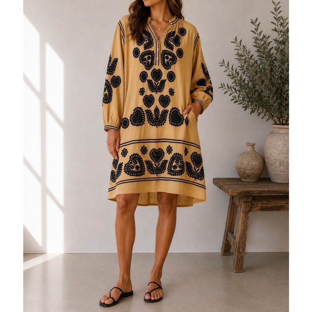 Antik Batik Robby Dress Camel Yellow Embroidered Cotton Mini Large 42